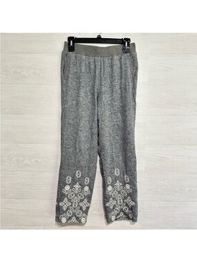 Soft Surroundings Linen Blend Pants Embroidered Hem Pull On Wide Leg Size M